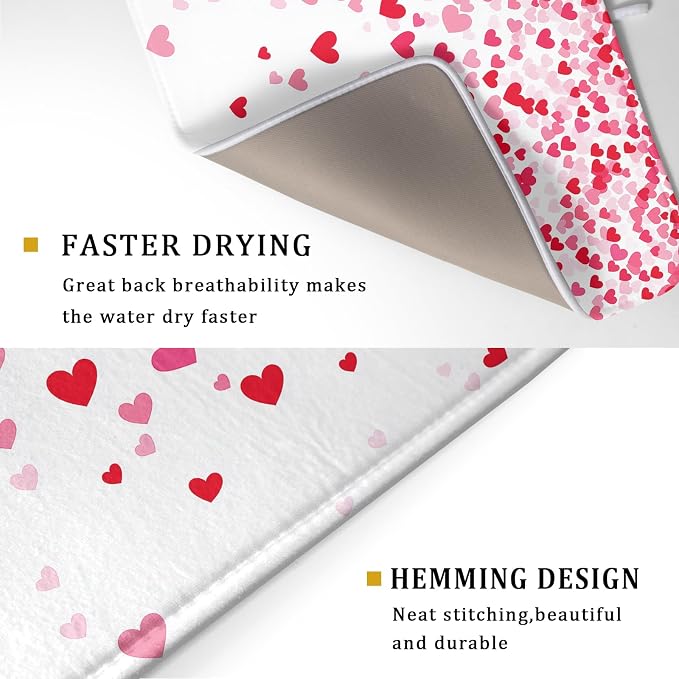 Valentine's Day Dish Drying Mat for Kitchen Counter Love Heart Kitchen Dish Drying Pad 16”x18” Absorbent Reversible Happy Valentine Dishes Drainer Pad Dish Drying Rack Mat for Countertop