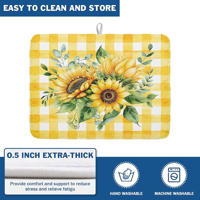 Sunflower Dish Drying Mat 18x24 Inch Absorbent Reversible Summer Sunflower Drying Mat Summer Plaid Dish Drying Rack Mat Yellow Summer Themed Dish Drainer Mat for Kitchen Counter Coffee Bar