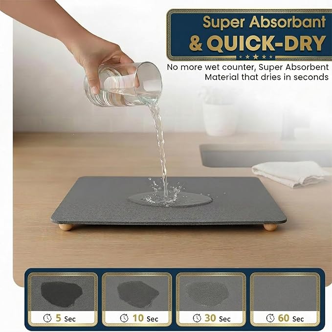 Stone Drying Mat for Kitchen Counter with 5 Wooden Feet | Bamboo Rack | 19.7"×15.7" Diatomaceous Earth Dish Drying Mat, Elevated Drying Stone Mat for Modern Kitchen Countertop