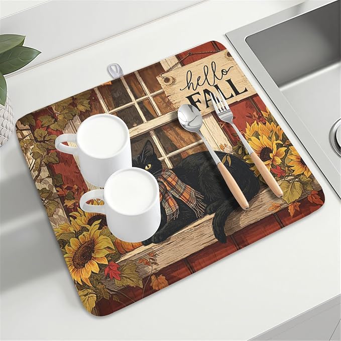Fall Dish Drying Mat for Kitchen Counter Vintage Autumn Cat Sunflower Pumpkin Microfiber Dish Drainer Mat Rustic Farmhouse Absorbent Washable Drying Pad Extra Large 16"x18"