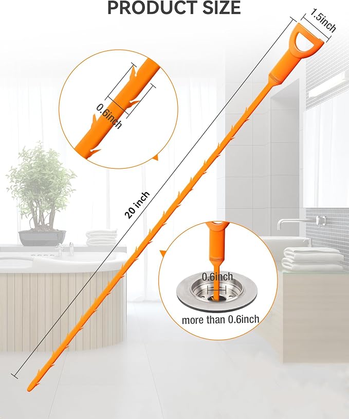 Drain Snake Clog Remover Tool, 3 Plastic (20 Inches) and 1 Stainless Drain Snakes (33 Inches) Included, Effectively Clean Hair and Other Clog for Toilet, Kitchen Sink, Bathroom Tub
