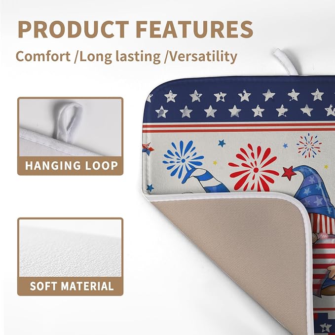 Patriotic Gnome Drying Mat 16x18 Inch American Memorial Day Independence Day Microfiber Dish Drainer Super Absorbent Dish Rack Mat for Kitchen Counter Holiday Decor