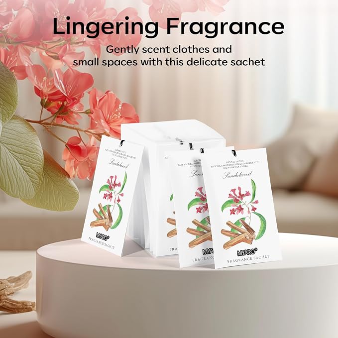 MYARO 12 Pack Sandalwood Scented Sachets, Closet Deodorizer Car Freshener | Long-Lasting Sachet Bag, Odor Eliminator for Closet, Drawer, Bathroom, Clothes, Fabric Refresher, Home Fragrance Gift Set