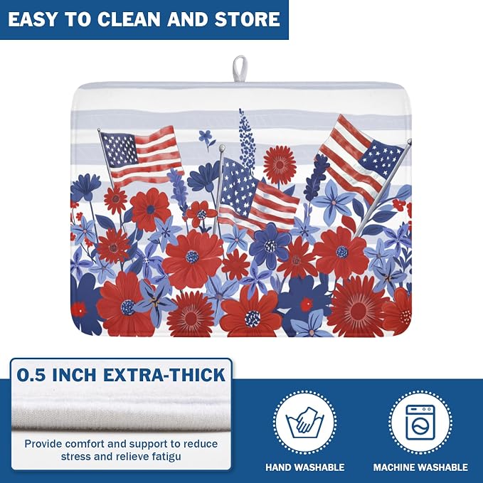 Patriotic Floral Dish Drying Mat for Kitchen Counter 4th of July American Flag Microfiber Dish Drainer Mat Red and Blue Flower Absorbent Washable Drying Pad 18"x24"
