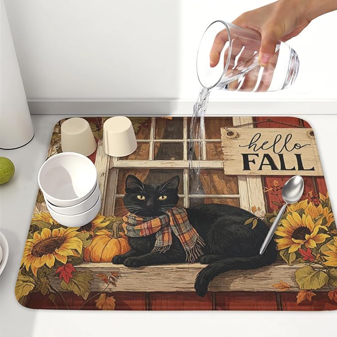 Fall Dish Drying Mat for Kitchen Counter Vintage Autumn Cat Sunflower Pumpkin Microfiber Dish Drainer Mat Rustic Farmhouse Absorbent Washable Drying Pad Extra Large 16"x18"