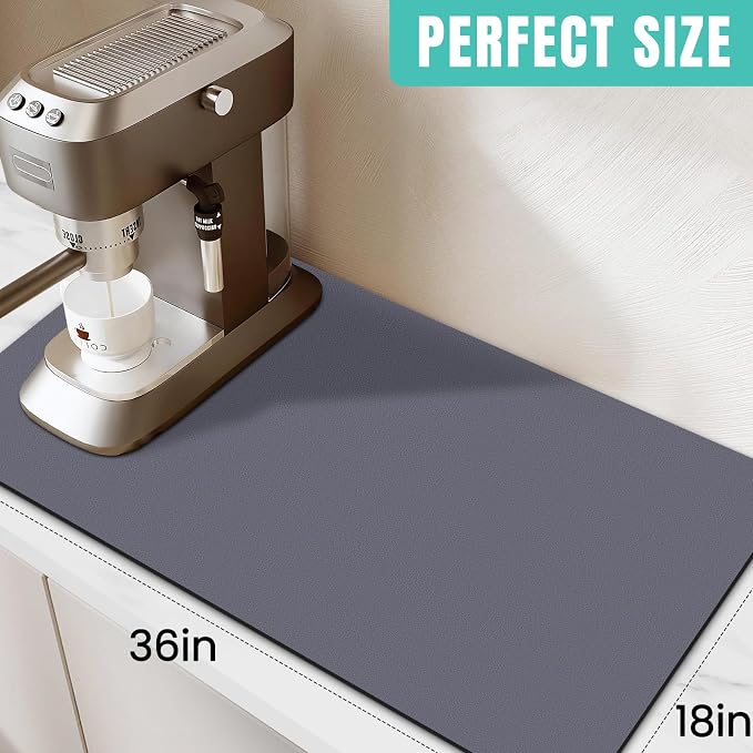 WISELIFE Coffee Mat Super Absorbent Dish Drying Mat Coffee Bar Accessories Match with Machine Large Drying Mats for Kitchen Counter 18" W x 36" L, Grey