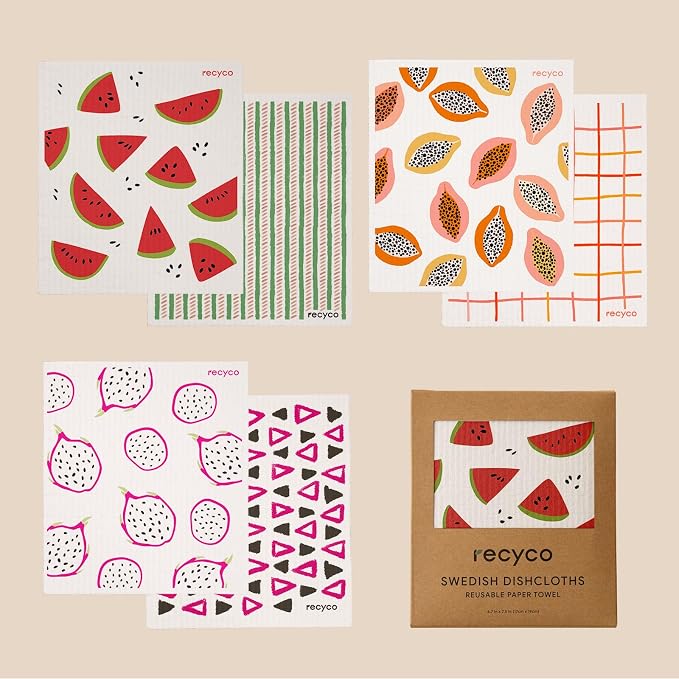 RECYCO Swedish Dishcloths for Kitchen | 6 Pack Tropical Fruit Washable Dish Rags | Cellulose Reusable Cleaning Paper Towels | Absorbent Counter Dish Cloth Sponge Kitchen Wipes, 8" L x 7" W