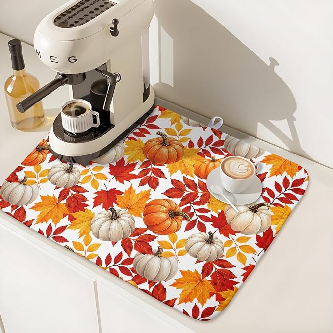Fall Pumpkin Dish Drying Mat for Kitchen Counter 18x24 Inch Autumn Pumpkins Maple Leaves Drying Mats Thanksgiving Absorbent Reversible Dish Pad Fast Dry Drainer Mat Protector for Countertop Coffee Bar