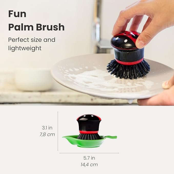 Vigar Ladybug Dish Scrub Brush with Holder, Kitchen Scrub Brush for Dishes, Dish Scrubber, Sink Brush, Dishwashing Brush and Vegetable Scrubber for Household Cleaning - Ladybug