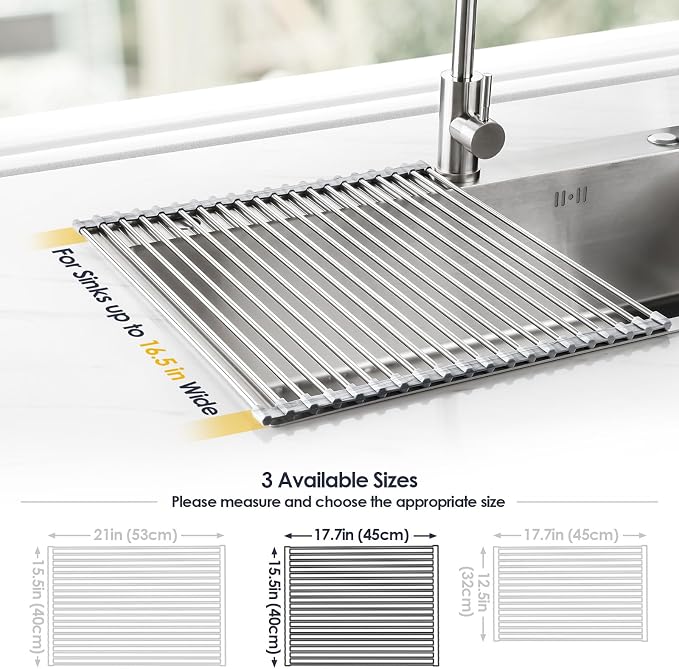 Tomorotec Stainless Steel Roll-Up Dish Drying Rack Marble Color Silicone Edges, Foldable Kitchen Rack Heat Resistant Trivet Supports up to 70 lbs, Food Safe for Dishes, Cookware & More