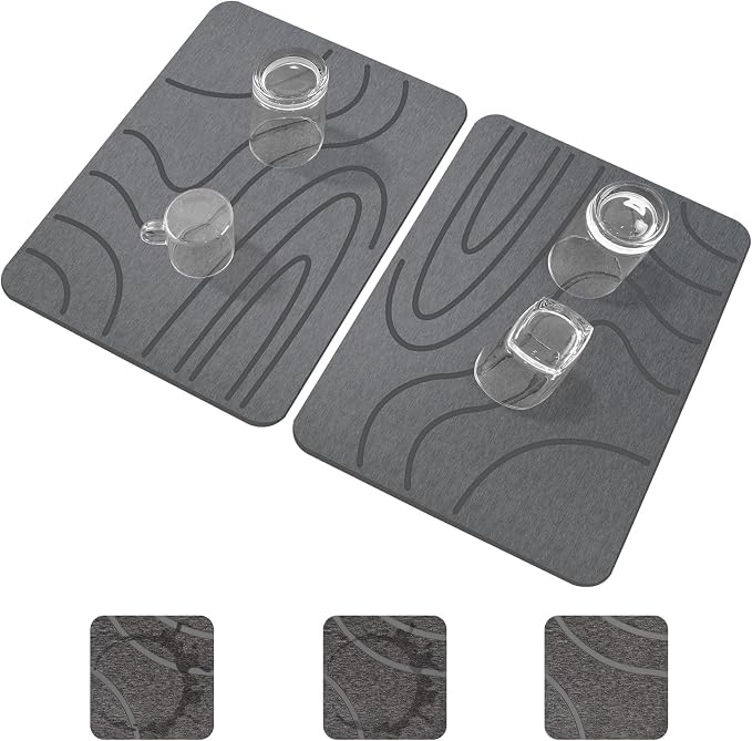 Stone Drying Mat for Kitchen Counter, 2-Pack 16"x12" Fast Drying Stone Dish Mat, Double-Sided Diatomaceous Earth Dish Drying Mat, Highly Absorbent Eco-Friendly Kitchen Mat (Gray, Curved Stripes)