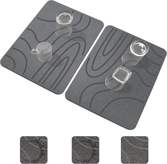 Stone Drying Mat for Kitchen Counter, 2-Pack 16"x12" Fast Drying Stone Dish Mat, Double-Sided Diatomaceous Earth Dish Drying Mat, Highly Absorbent Eco-Friendly Kitchen Mat (Gray, Curved Stripes)