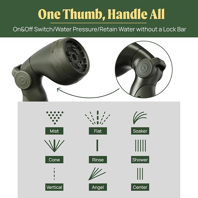 Garden Hose Nozzle - 9 Spray Patterns, Metal, Thumb Control, On/Off Valve, High Pressure Heavy Duty Water Hose Spray Nozzle for Gardening, Lawn Care, and Cleaning Tasks-Seaweed Green