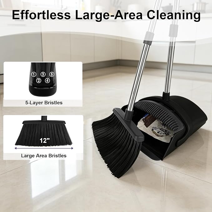 Broom and Dustpan Set with Long Handle, 51" Upright Broom & 39" Dustpan Combo, Pet Hair Rubber Lip Dustpan with Built-in Comb, Standing Dust Pan Set for Home Kitchen Office Indoor Use