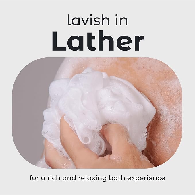 MainBasics Shower Loofah Sponge Pouf, Set of 3, Snow White | Soft Mesh Body Scrubber and Bath Sponge for Gentle Exfoliation, Rich Lather, and Everyday Shower Use