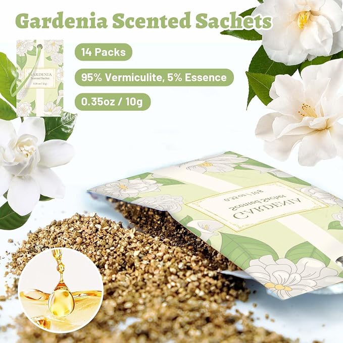 STRN Scented Sachets for Drawer and Closet, Gardenia Scent 14 Pack for Home | Long-Lasting Sachets, Small Space Air Freshener for Wardrobes