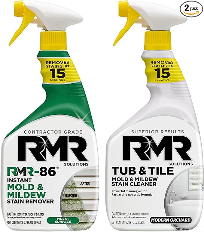 RMR Complete Mold & Mildew Stain Eraser System – No-Scrub Tub & Tile Cleaner + Instant Mold & Mildew Stain Remover Spray, Indoor/Outdoor Bathroom, Shower, Siding, & Deck Cleaning Kit, 2–32 Oz Bottles