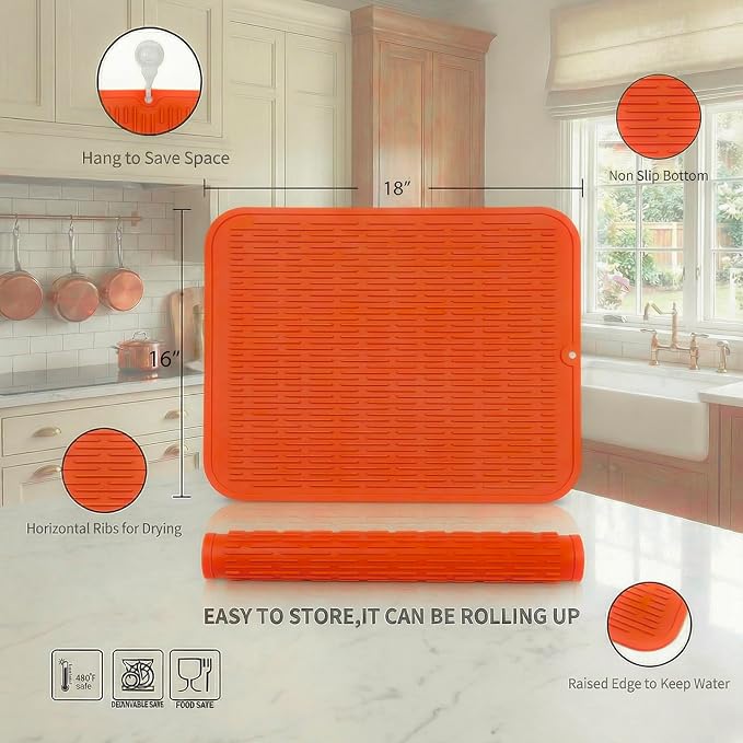MicoYang Silicone Dish Drying Mat for Multiple Usage,Easy clean,Eco-friendly,Heat-resistant Silicone Mat for Kitchen Counter or Sink,Refrigerator or Drawer Liner Orange XL 18 inches x 16 inches