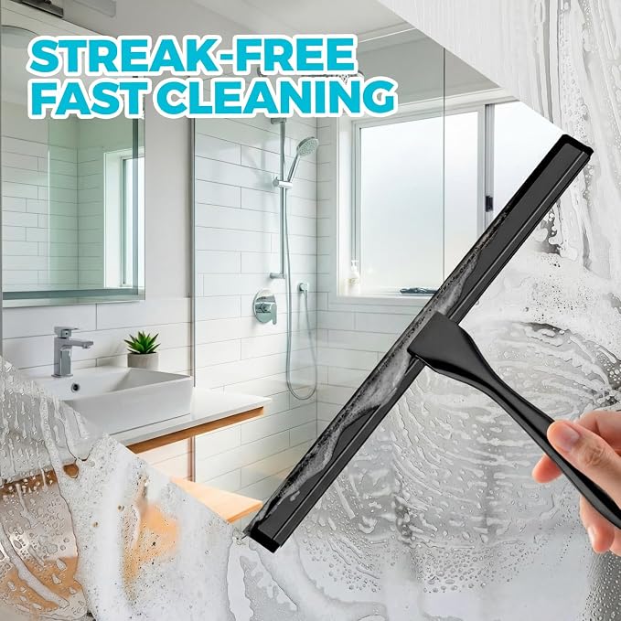 ALFLOD 2pcs Shower Squeegee for Glass Doors with Adhesive Hanging Hook Set | 12” black, bathroom accessories, window cleaner, new home essentials, soft rubber blade, metal handle, ergonomic grip