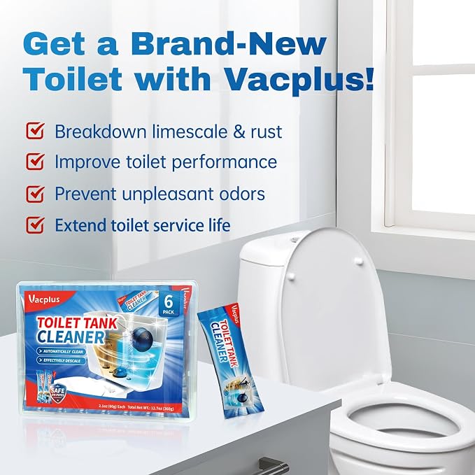 Vacplus Toilet Tank Cleaner Tablets, Automatic Descaler, Mold Rust Remover | 6 Pack, Long-Lasting Bowl Cleaning Solution, Septic Safe, Pipe Safe, Pre-Measured Convenience