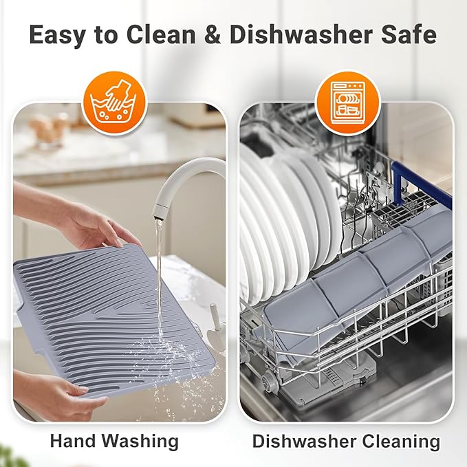 Silicone Dish Drying Mat for Kitchen Counter, 15.8"x13" Extra Large Non-Slip Drain Pad with Built-in Drainage, Heat Resistant Dishwasher Safe, Grey