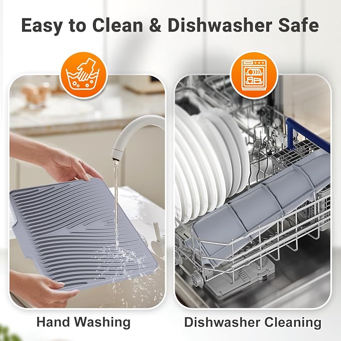 Silicone Dish Drying Mat for Kitchen counter, 19.7"x17" 2Pcs Extra Large Non-Slip Drain Pad with Built-in Drainage, Heat Resistant Dishwasher Safe, Grey