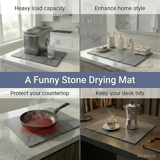 Stone Drying Mat for Kitchen Counter, 24"×16" | Diatomaceous Earth Dish Drying Mat, Absorbent Drying Stone Mat for Modern Kitchen Countertop