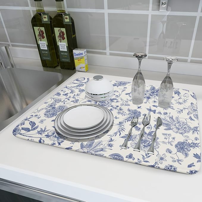Giwawa Chinoiserie Flower Dish Drying Mat Blue Leaves Dishes Drying Pad Reusable Washable Kitchen Countertop Protector Dish Drainer Mat 18x24 Inch