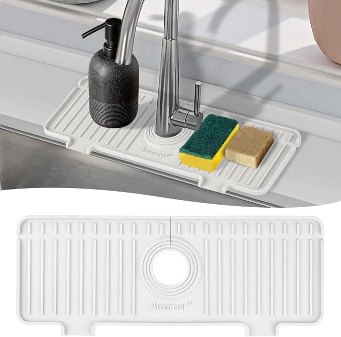 Amerner Kitchen Sink Splash Guard, Silicone Faucet Guard & Draining Mat, Bathroom and Kitchen Sink Organizer, Sink Faucet Mat Water Splash Guard Behind Faucet Accessories Gadgets, 14.2” x 5.1”, White