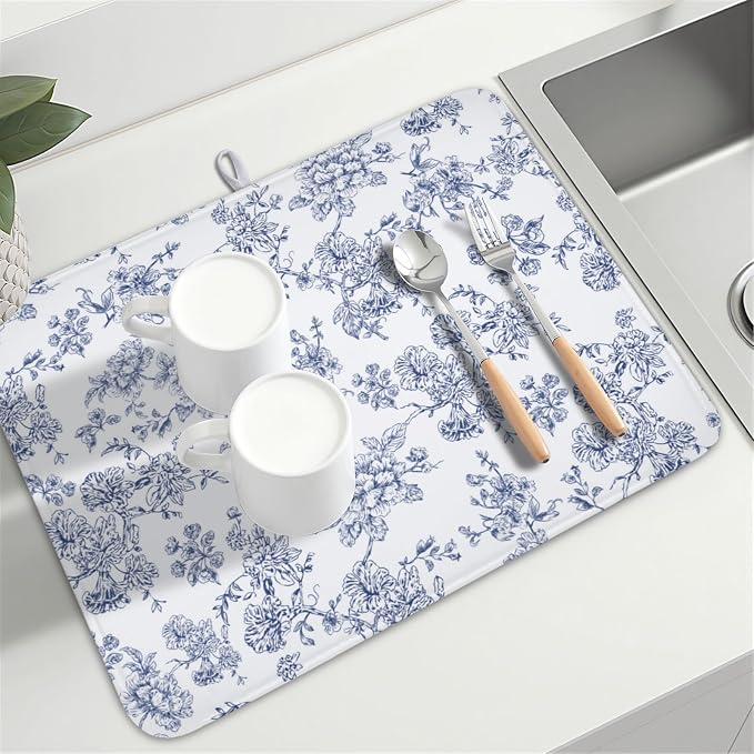 Blue Floral Dish Drying Mat for Kitchen Counter Chinoiserie Flower Microfiber Dish Drainer Mat Vintage Rustic Elegant Absorbent Washable Drying Pad Extra Large 18"x24"