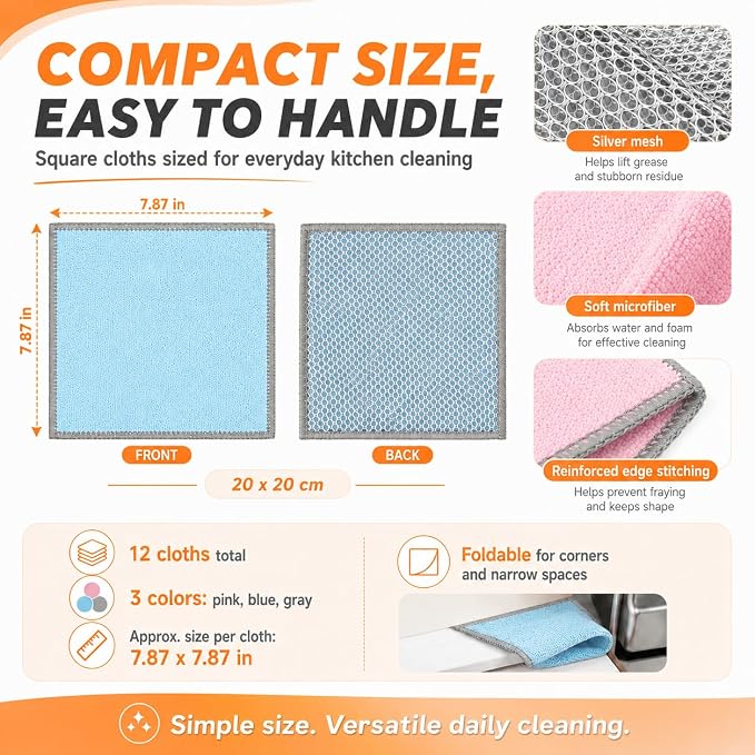 12Pack Upgrade Multi-Purpose Wire Dishcloths, Double-Side Non Scratch Wire Dishcloth, Silver Mesh Dish Cloths, Reusable Metal Mesh Cleaning Cloths, Mesh Scrub Cloths for Kitchen/Stove/Oven