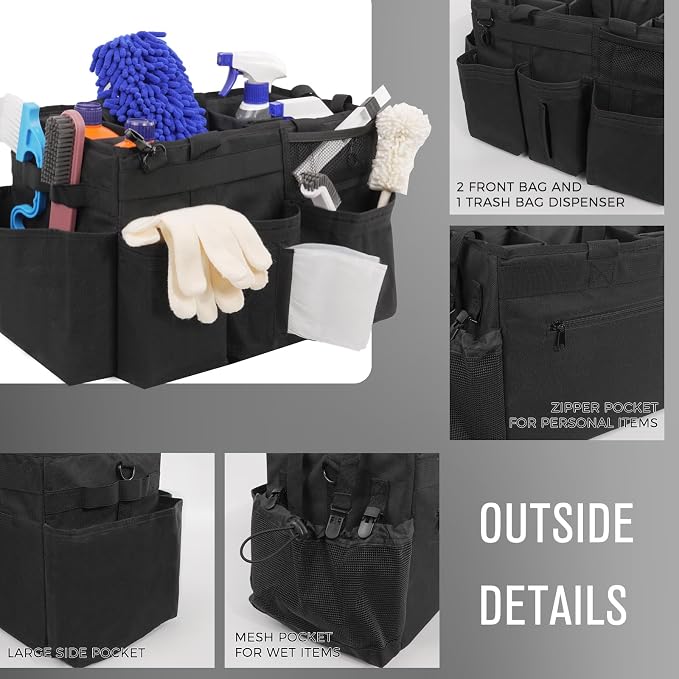 SCAVATA Wearable Cleaning Caddy Organizer with Handle & Shoulder Straps for Housekeepers, Under Sink & Car Cleaning Tool Organizer Bag with 4 Foldable Dividers (Black)