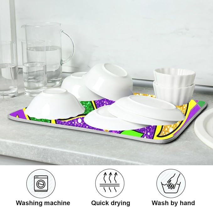 Mardi Gras Fleur De Lis Dish Drying Mat 16 X 18 Inch Rhombus Carnival Mask Absorbent Microfiber Dry Dishes Pads Tableware Mats Protector for Kitchen Countertops Counter Home Decorations