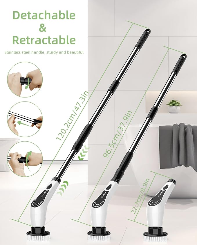 Cordless Electric Spin Scrubber, 8-in-1 Bathroom Cleaner | Bathroom scrubber, LED display, dual speeds, IPX7 waterproof, interchangeable heads for grout, tub, shower, wet-dry vacuum