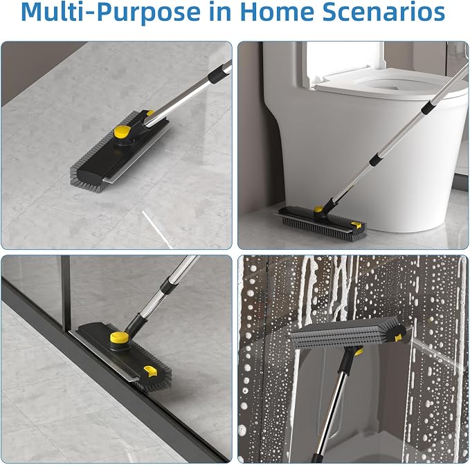 Floor Scrub Brush with Long Handle, 3 in 1 Scrape and Heavy-Duty Stiff Bristle Floor Scrubber Brush Broom with Squeegee and Tweezer for Cleaning Black