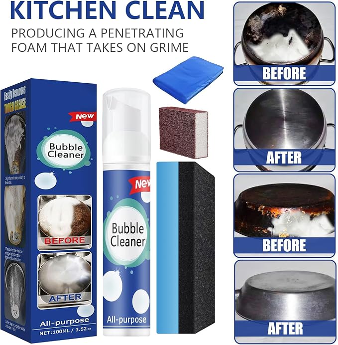 Rednow (100ML*3PCS) Bubble Cleaner Foam,Foaming Heavy Oil Stain Cleaner,All-Purpose Rinse-free Cleaner Spray,Kitchen Deep Cleaning Spray,Powerful Stain,Stubborn Grease & Grime Remover Bubble Spray