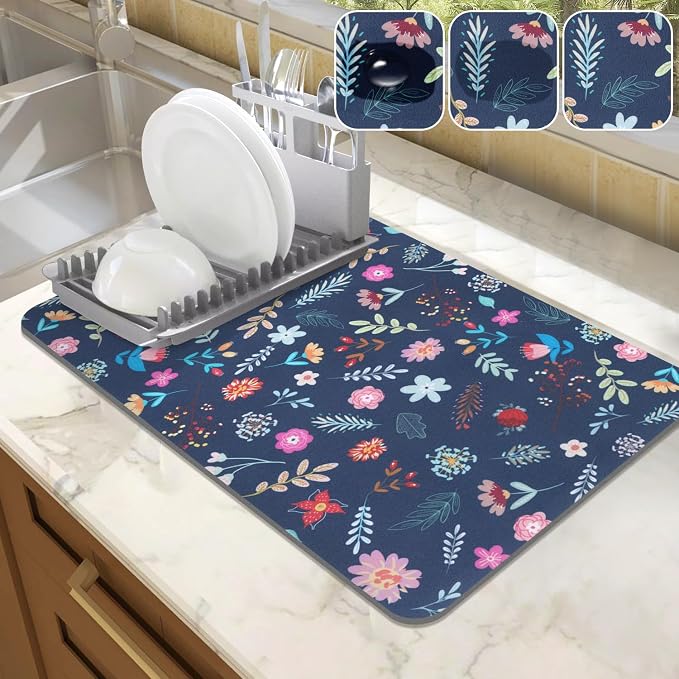 LOKHOM Dish Drying Mat for Kitchen Counter, 12"x20" Absorbent Vintage Diner Rack Mats with Colorful Floral Pattern for Coffee Maker, Coffee Pot, Dining Room Decoration