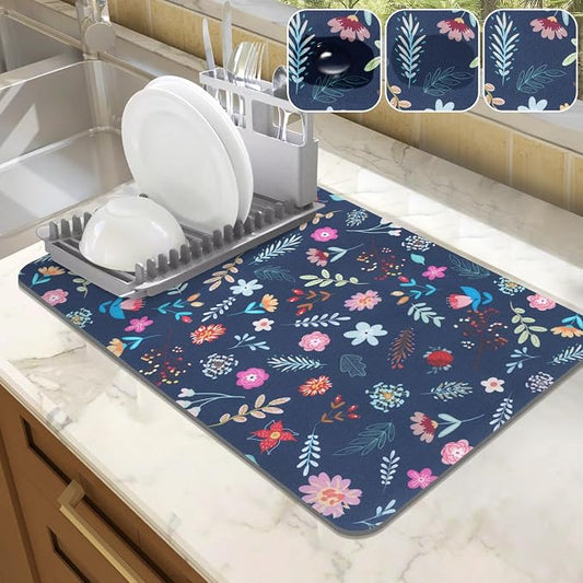 LOKHOM Dish Drying Mat for Kitchen Counter, 12"x20" Absorbent Vintage Diner Rack Mats with Colorful Floral Pattern for Coffee Maker, Coffee Pot, Dining Room Decoration