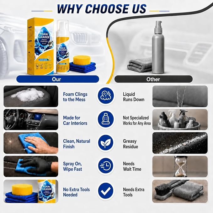 2026 Upgrade Car Interior Foam Cleaner, 150ML Multi-Enzyme No Rinse Car Seat Cleaner Spray for Leather, Dashboard, Vinyl, Plastic & Fabric, with Sponge & Microfiber Towel (1PCS)