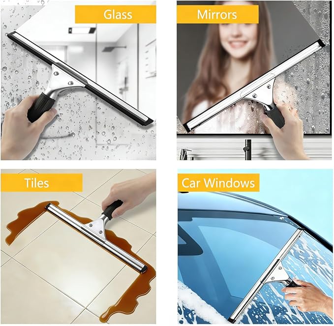 14-Inch Shower Squeegee for Glass Doors, Windows and Mirrors, Stainless Steel Bathroom Water Wiper with Flexible Blade and Ergonomic Handle