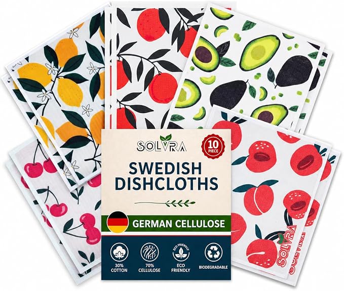 10 PCS Fruits Print Swedish Dishcloths for Kitchen 100% Biodegradable, Reusable Cellulose Sponge Cloths Ultra Absorbent, Eco Friendly Cleaning Towels Dishcloths for Washing Dishes & General Cleaning