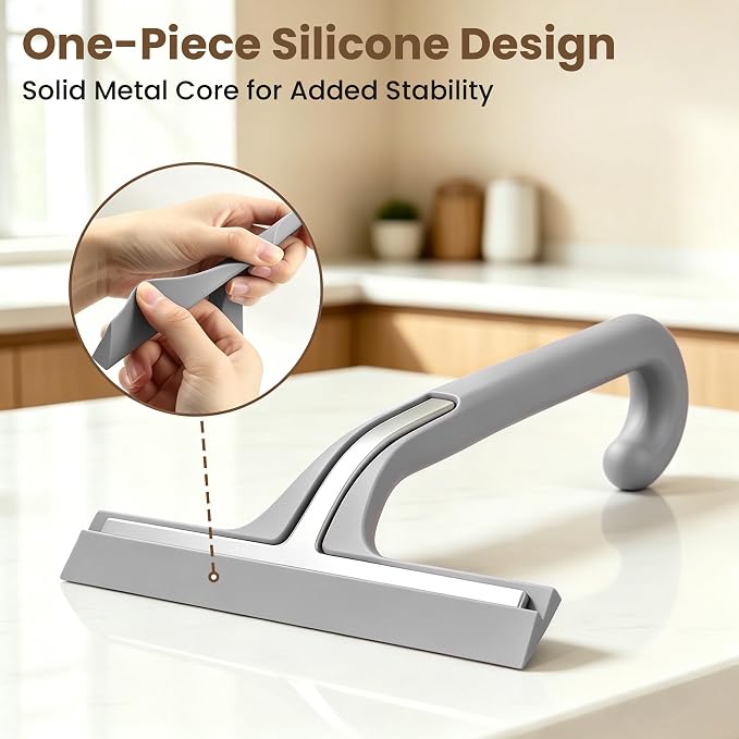 10 Inch Silicone Shower Squeegee for Glass Doors, Streak-Free, Grey | No-Squeak Silicone Blade, Ergonomic Round Grip and Built-In Hook for Quick Daily Cleaning of Shower Glass, Tile and Windows