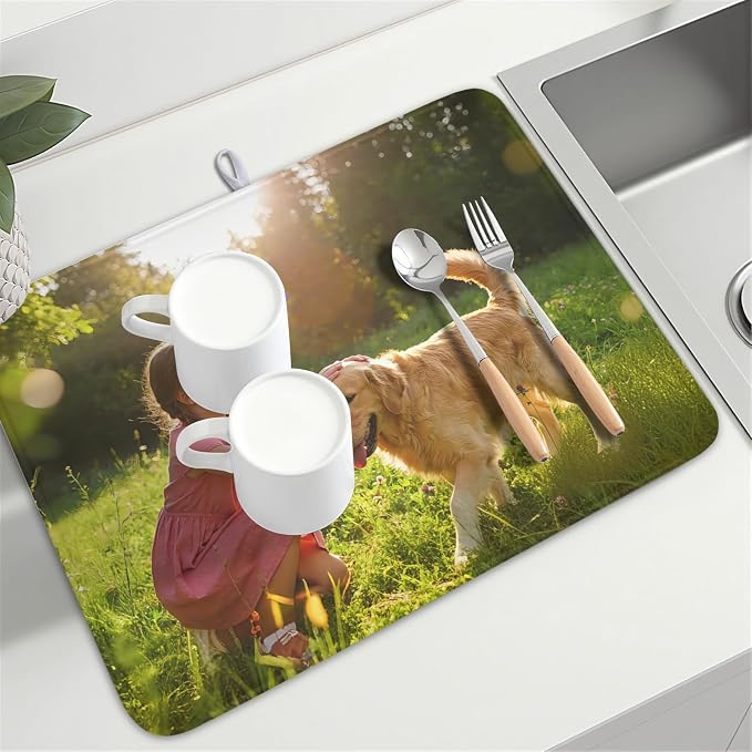 Customized Personalized Dish Drying Mat for Kitchen Counter Custom Any Photo Image Logo Text Microfiber Dish Drainer Mat Absorbent Washable Drying Pad 18"x24"