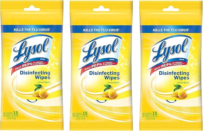 Lysol Disinfecting Wipes To-Go Pack, Lemon Scent, 15 Count (Pack of 3)
