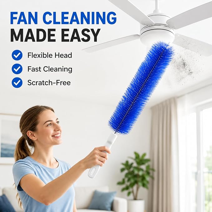 Fan Cleaning Brush, Bendable Microfiber Duster, Washable Reusable Fan Brush Cleaner for Fan Blades, Vents, Screens & Narrow Gaps (4, Blue + Gray)