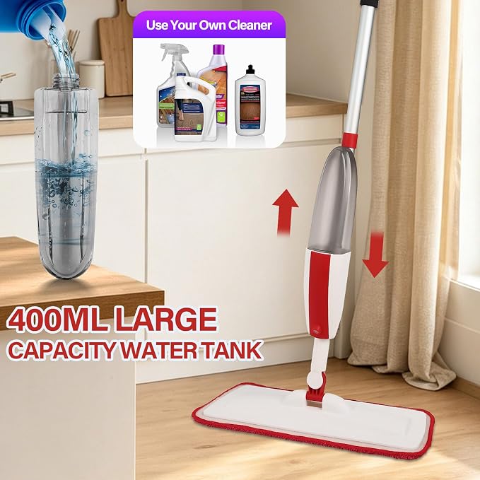 Wet Spray Mop for Floor Cleaning with 14 oz Bottle & 2 Microfiber Pads | Refillable bottle, washable pads, dry/wet use for home or commercial cleaning on hardwood, laminate, wood & ceramic floors