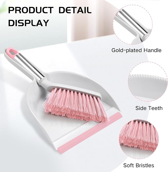 NACENA Mini Broom and Dustpan Set 2 Packs, Small Dust Pan and Brush Set with Handle Dustpan Teeth for Cleaning Hair Suitable for Office Desks Drawers Sofas Outdoor Camping, Pink