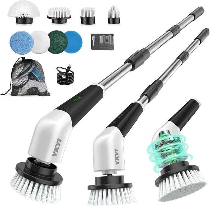 YKYI Electric Spin Scrubber, Cordless Power Scrubber Cleaning Tool with 8 Replaceable Heads and Extension Handle for Bathroom, Tub, Tile, Floor, Grout and Car (White) | 8 Replaceable Heads, Extension Handle, For Bathroom, Tub, Tile, Floor, Grout and Car