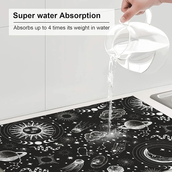 Sun And Moon Dish Drying Mat 18 x 24 Inch for Kitchen Counter Cute Kitchen Mat Microfiber Kitchen Countertop Absorbent Reversible Drainer Rack Pad Dish Drying Mat