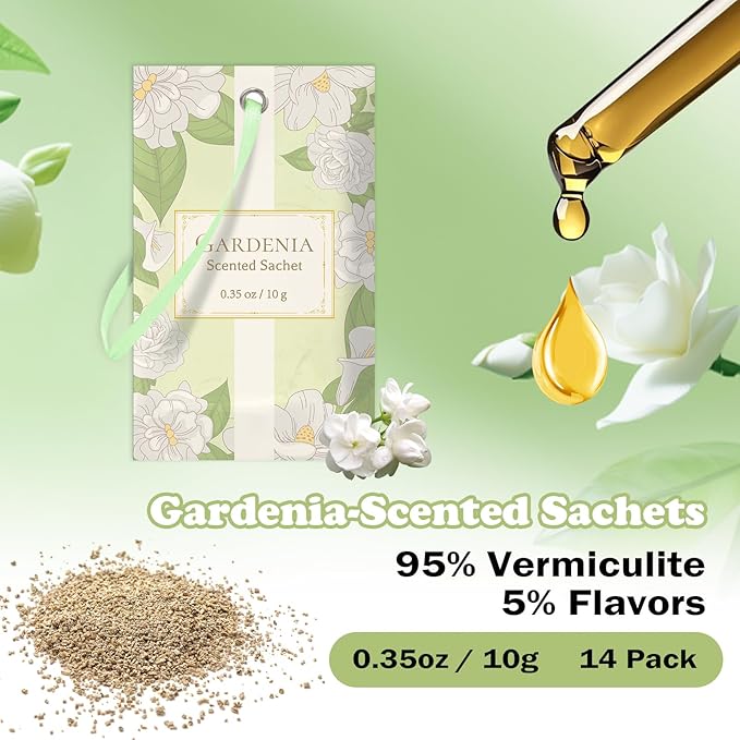 SCENTORINI Scented Sachets for Drawer and Closet, Gardenia Scent 14 Pack | Long-Lasting Sachets Bags Gift Set, Closet Freshener Sachets for Wardrobe Freshener, Cupboard, Suitcases, Handbags